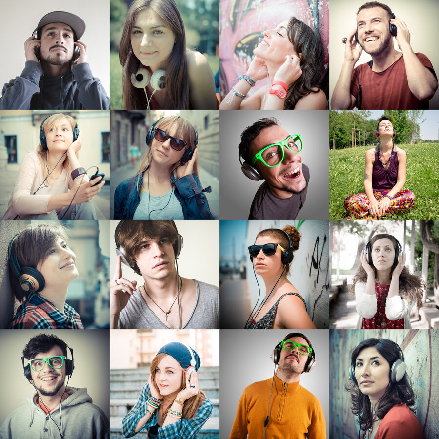 Kollage af billeder af mennesker der hører musik