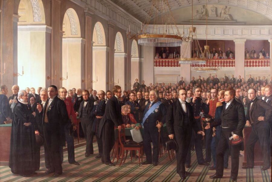 Billedet er malet af Constantin Hansen og forestiller den grundlovgivende rigsforsamling, 1960-64