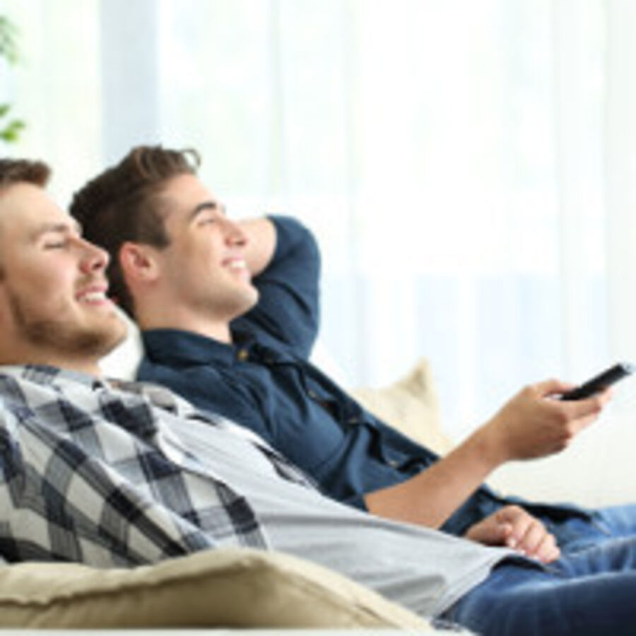 Billede af to mænd der ser TV