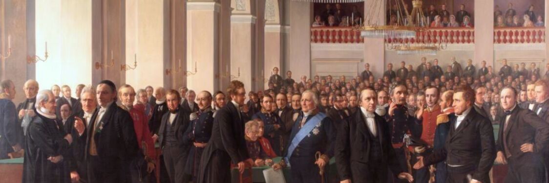 Billedet er malet af Constantin Hansen og forestiller den grundlovgivende rigsforsamling, 1960-64